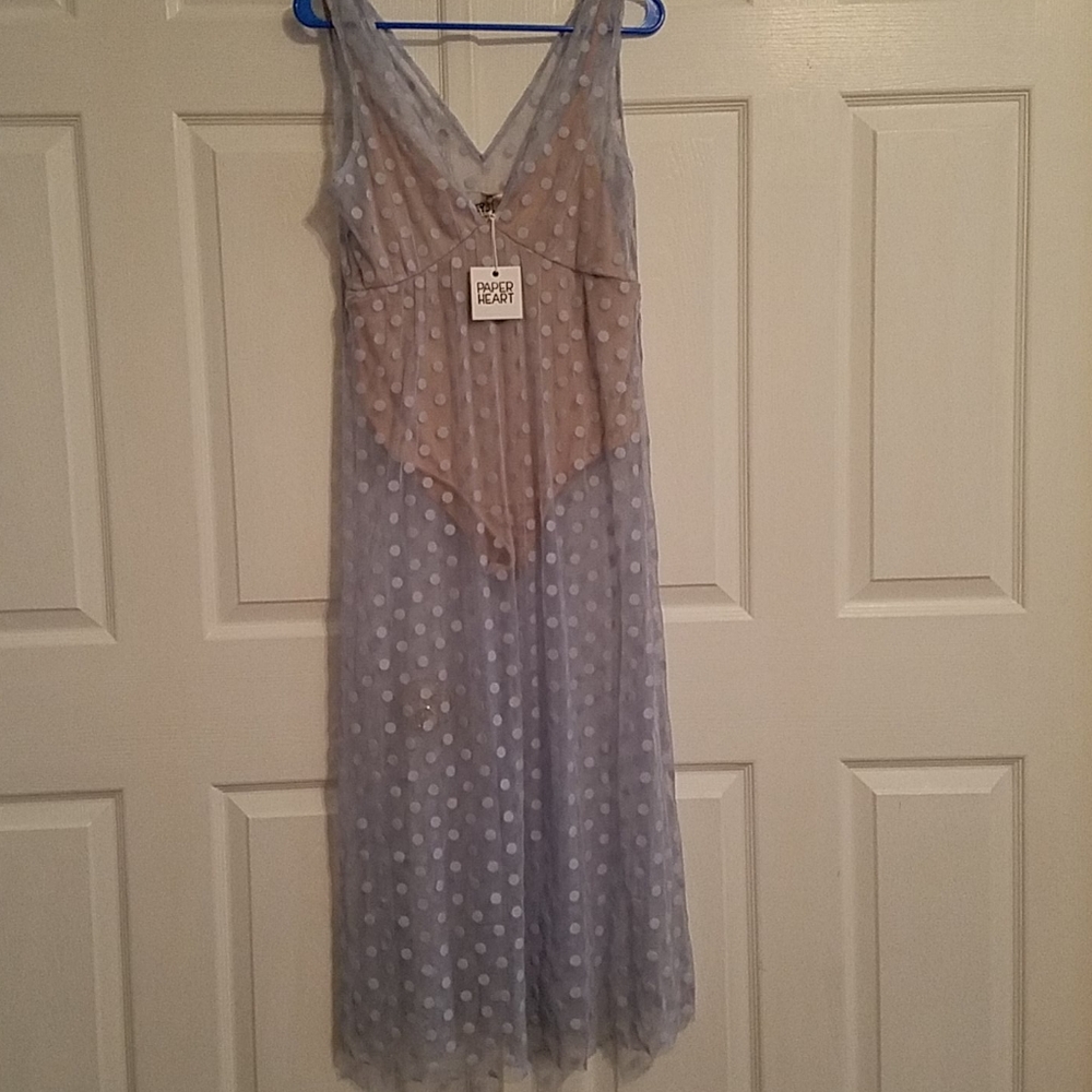 NWT Beige/Nude Bodysuit w/ Blue Polkadot Overlay